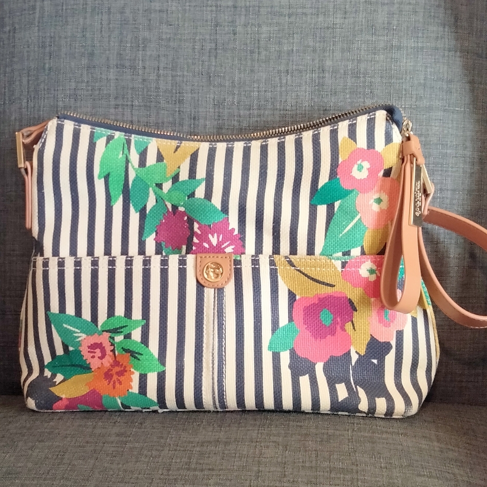 Spartina Linen and Leather bag - striped with floral pattern  Navy blue + Cream